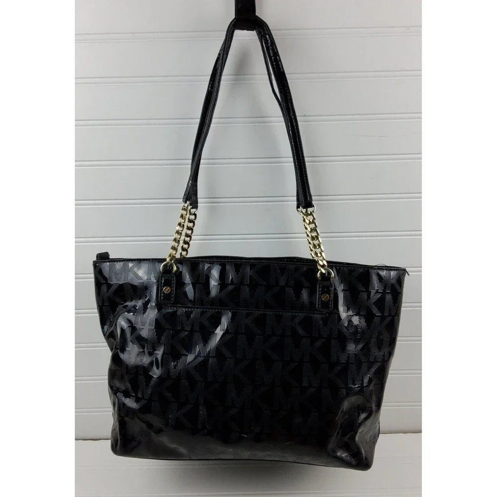 Michael Kors MK Patent Tote Shoulder Handbag Purse Black